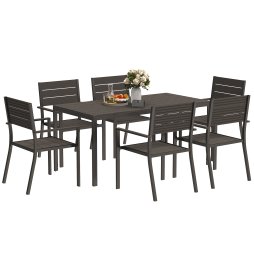 Outsunny 7 Piece Garden Furniture Set, 160 x 80 cm Rectangle Table and 6 Stackable Chairs Set, Outdoor Dining Set for Balcony, Deck, Dark Brown