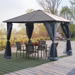 Outsunnym 3 x 3(m) Hardtop Gazebo Canopy with Polycarbonate Roof, Aluminium Frame, Permanent Pavilion Garden Gazebo with Netting and Curtains - Grey