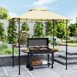 Outsunny 2.4 x 1.5 m (8' x 5') Grill Gazebo Canopy with LED Lights, Double Tiered Outdoor BBQ Gazebo Shelter with 2 Side Shelves, Storage Basket and Hooks for Garden, Barbecue, Picnic, Beige