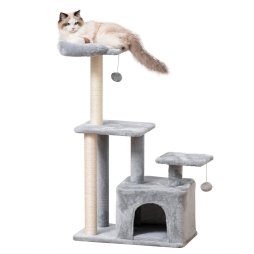 PawHut Cat Tree Tower for Indoor Cats 114cm Climbing Activity Centre Kitten with Sisal Scratching Post Perch Hanging Ball Condo Toy Light Grey