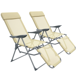 Outsunny Outdoor Sun Lounger Set of 2, Reclining Garden Chairs with Adjustable Footrest, 2 Pieces Recliner with 5-level Adjustable Backrest, Headrest, Beige