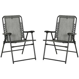 Outsunny Set of 2 Patio Folding Chair Set, Garden Portable Outdoor Chairs with Armrest and Breathable Mesh Fabric Seat and Backrest, for Camping, Beach, Deck, Lawn, Grey