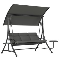 Outsunny 3 Seater Garden Swing Seat Swing Chair with Adjustable Canopy, Removable Cushion and Coffee Tables for Outdoor Patio Garden Dark Grey