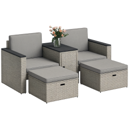 Outsunny 5 Piece Rattan Garden Furniture Set, Nesting Outdoor Furniture Conversation Set with 2 Footstools, WPC Storage Coffee Table and Cushions, Wicker Garden Sofa for Conservatory, Terrace, Grey