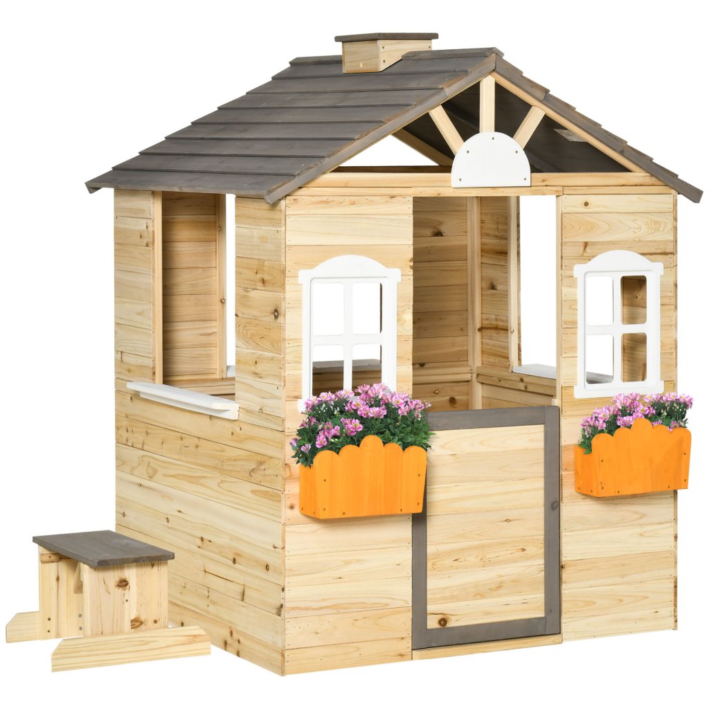 Outsunny Wooden Kids Playhouse with Bench & Flowerpot Holders: Yavolo