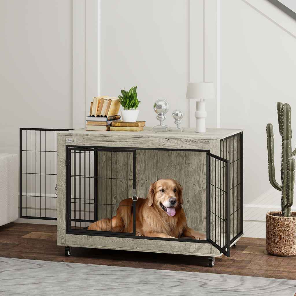 PawHut Dog Crate Furniture on Wheels, Dog Cage End Side Table with ...