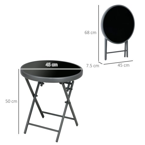 Outsunny ??45cm Garden Side Table, Outdoor Round Folding Patio Table with Imitation Marble Glass Top, Small Coffee Table, Black