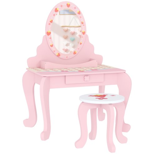 AIYAPLAY Kids Dressing Table Set, Two-Piece Children Vanity Table with Stool, Mirror, Drawer, Desktop Storage, Strawberry-Theme Makeup Desk, Chair, Pink Image