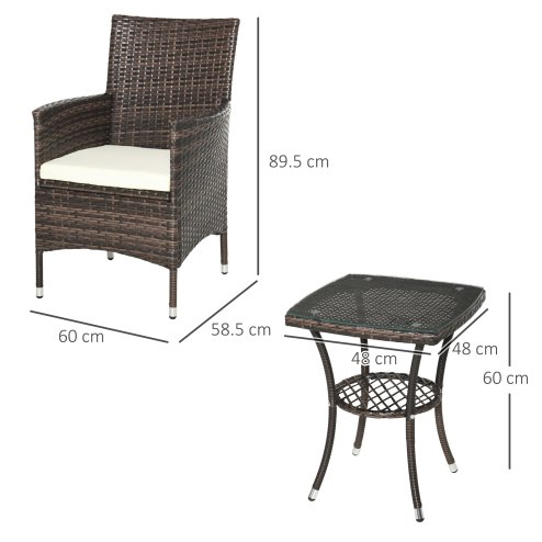 Outsunny 3 Pieces Rattan Bistro Set, Wicker Garden Furniture Set with 2-Tier Coffee Table and Chairs, Cushions, for Outdoor Patio Balcony, Brown