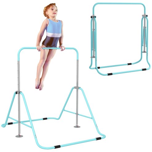 HOMCOM Kids Gymnastic Bar, Foldable Horizontal Bars w/ Adjustable Height, Training Bar w/ Triangle Base - Light Blue