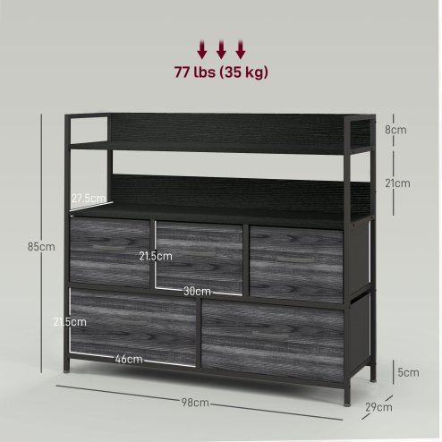 HOMCOM Bedroom Chest of Drawers, Fabric Dresser with 5 Drawers, Storage Organiser Unit with Open Shelves and Metal Frame for Living Room, Entryway