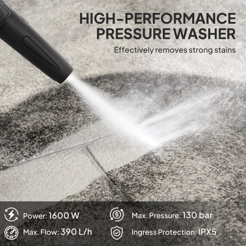 Outsunny 1600W High Pressure Washer, 130 Bar Pressure, 390 L/h Flow, Portable Power Washer Jet Wash Cleaner with Adjustable Nozzle, 6M Hose, Handle for Home Patio Car Driveway, Green