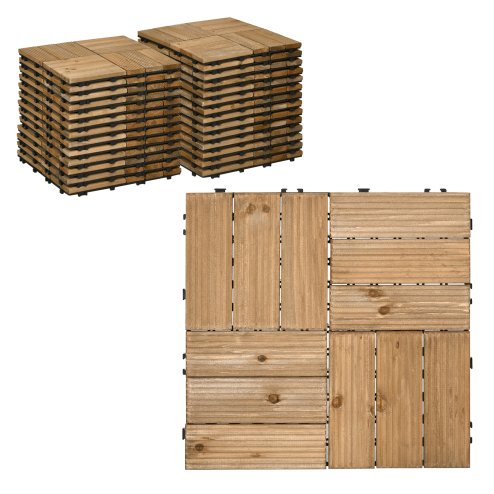 Outsunny 27 Pcs Wooden Interlocking Decking Tiles, Outdoor Flooring Tiles for Patio, Balcony, Terrace, Hot Tub, 30 x 30 cm per Piece, 2.5m² per Pack, Brown