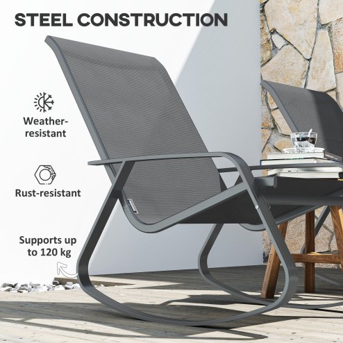 Outsunny Garden Rocking Chair, Ergonomic Outdoor Rocking Chair with Armrests, High Backrest, Steel Frame Relaxing Rocker Armchair Seat for Patio, Balcony, Porch, Grey