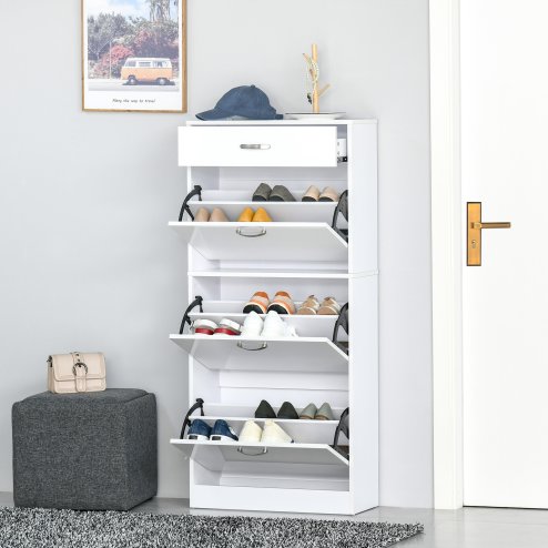 HOMCOM Shoe Cabinet with 3 Flip Drawers, High Gloss Shoe Storage Cabinet with Top Drawer and Adjustable Shelves, Shoe Cupboard for 18 Pairs