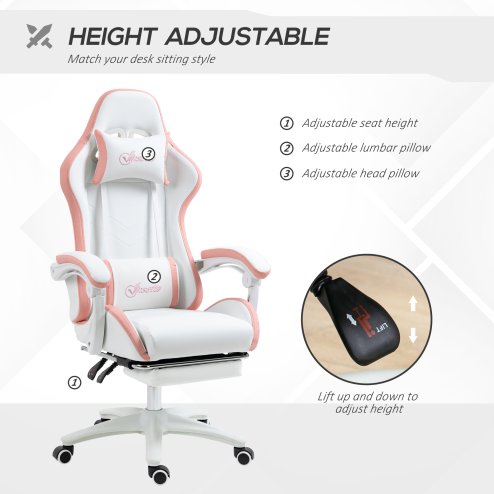Vinsetto Computer Gaming Chair, PU Leather Office Desk Chair with Footrest, Swivel Wheels, 135?? Reclining Back, Lumbar Support, Headrest for Home, White and Pink