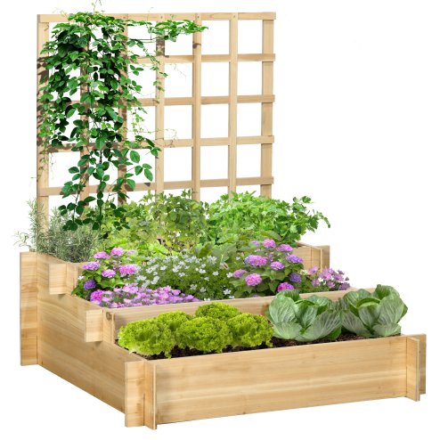 Outsunny 3 Tier Planters with Trellis for Vine Climbing, Wooden Raised Beds for Garden Patio, Outdoor Planter Box for Vegetables, Flowers, Herbs, Natural Tone