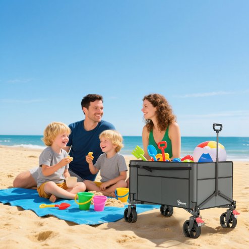 Outsunny Folding Trolley on Wheels, 150L Collapsible Wagon Festival Trolley Cart with Openable Sides, Adjustable Handle and Brakes for Shopping Camping Beach and Garden, Grey