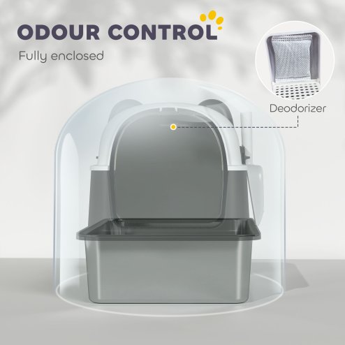 PawHut XL Stainless Steel Litter Box with Lid, Extra Large Enclosed Litter Tray with Scoop & 180 Flip Front Cover, Anti-Leakage, Non-Sticky, Non-Odour, Easy Cleaning, for Big Cats, Panda Style