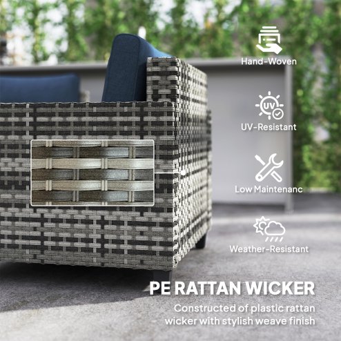 Outsunny 6 Pieces Rattan Garden Furniture Set, 5 Seater Wicker Outdoor Furniture Set with 2 Armchairs, Steel Frame Coffee Table and Cushions for Balcony, Porch, Navy Blue