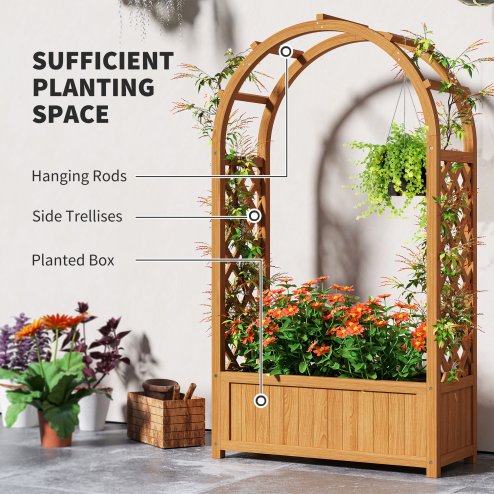 Outsunny Wooden Raised Garden Bed with Arch Trellis, Fabric Liner, Garden Planter Box with Drainage Holes, Trellis Planter for Vine Climbing Plants, Flowers, Herbs, Vegetables, 83 x 36 x 145 cm