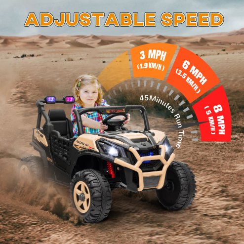 AIYAPLAY Kids Electric Ride on Car 2-Seater, 24V Truck UTV with Remote Control, Suspension System, LED Lights, Horn, Music, for 3-8 Years, khaki