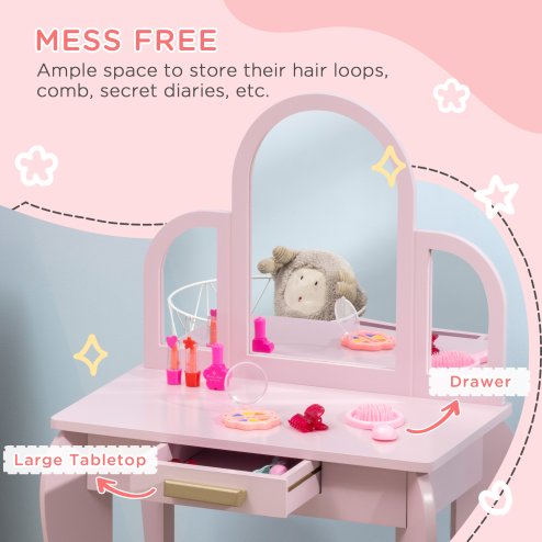 HOMCOM Kids Dressing Table and Stool Kids Vanity Set Makeup Desk w/ Mirror, Drawer, for Ages 3-6 Years - Pink
