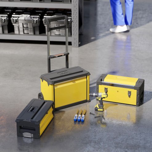 HOMCOM 3-in-1 Rolling Tool Box, Stackable, Modular Powder Coated Steel Toolbox with Tray, Handles, Latches, Wheels, Heavy Duty Tool Storage System for Workshop, Garage, 520mm x 320mm x 720mm, Yellow