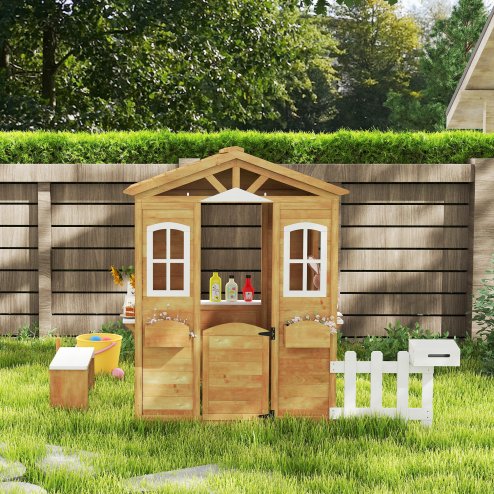 Outsunny Wooden Playhouse for Kids Outdoor Wendy House with Door, Windows, Mailbox, Flower Pot Holder, Serving Station, Bench for Children, Toddlers, Yellow