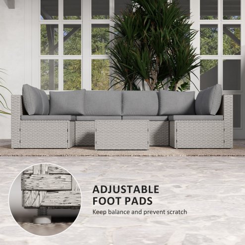 Outsunny 7 Pieces Rattan Garden Furniture Set, 6 Seater Garden Corner Sofa with Wide Seat, Cushions and Glass Top Table, Sectional Outdoor Furniture Conservatory Set for Patio, Grey