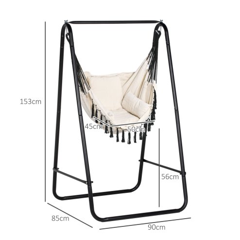 Outsunny Patio Hammock Chair with Stand, Outdoor Hammock Swing Hanging Rope Chair with Cushion, Armrest, Hooks, Cream White