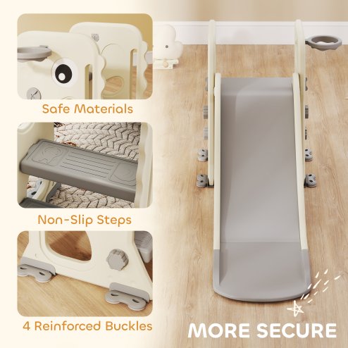 AIYAPLAY 3-in-1 Kids Slide, Foldable Dinosaur Shape Toddler Slide with Climber, Basketball Hoop and Ball, Indoor Playground Equipment for Ages 2-5, Cream White