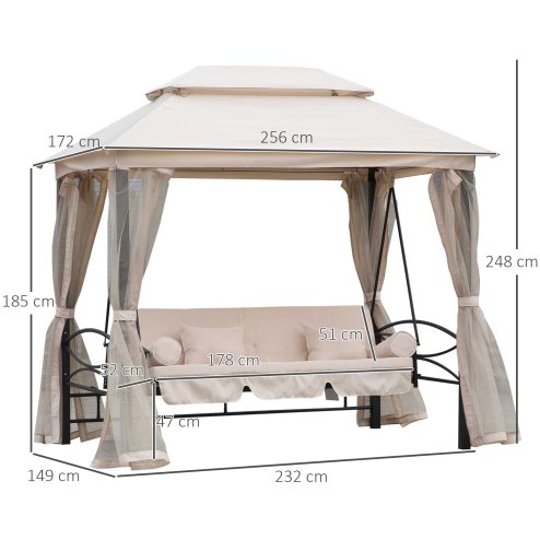 Outsunny 3 Seater Convertible Swing Chair, Outdoor Gazebo Swing Seat Bed with Double Tier Canopy, Cushioned Seat, Mesh Sidewalls and Curtains, Beige