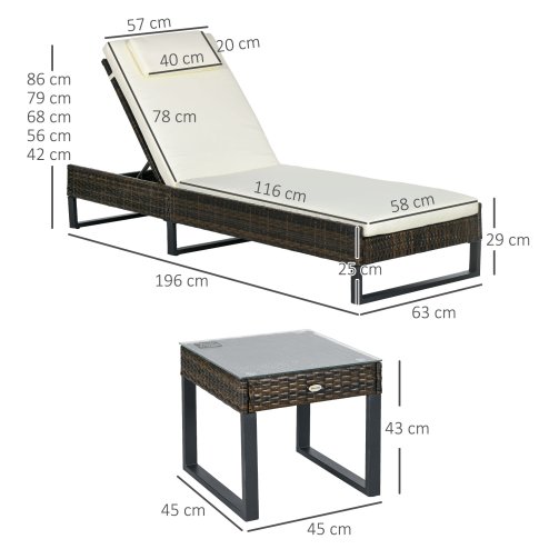 Outsunny 3-piece PE Rattan Sun Lounger Set with Adjustable 5-Position Recliner, Patio Chaise Lounge Chair Set with Cushions, Headrests, Glass Top Square Coffee Table, Brown