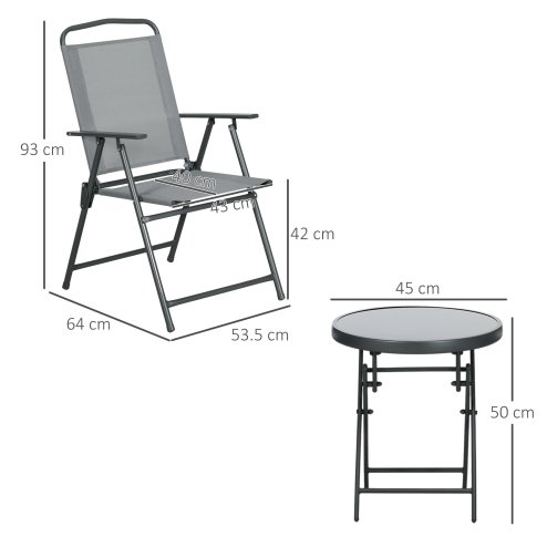Outsunny Garden Bistro Set, 3 Pieces Table and Chairs Set, Outdoor Garden Furniture with Foldable Breathable Mesh Fabric Armchairs & Glass Top Coffee Table, Light Grey