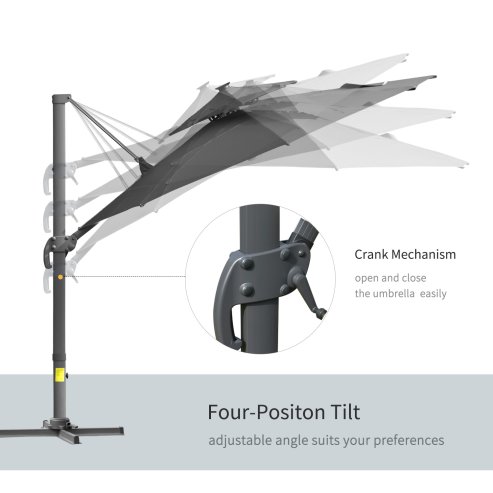 Outsunny 3(m) Cantilever Roma Parasol with LED Solar Lights, Crank & Tilt, Aluminium Frame, Cross Base and Adjustable Canopy 360 Degrees Rotating Sun Umbrella with 2-Tier Shade, Grey