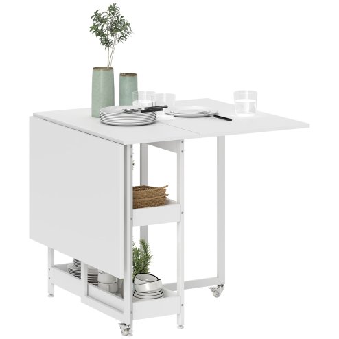 HOMCOM Industrial Folding Dining Table, Drop Leaf Table with Open Compartments for Small Spaces, Kitchen, Dining Room, White