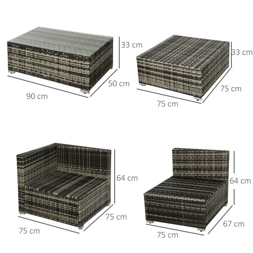 Outsunny 5 Piece Rattan Garden Furniture Set, Outdoor Corner Sofa with 67 cm Wide & Deep Seat, Sectional Outdoor Furniture Conversation Set with Cushions, Glass Top Coffee Table for Patio, Mixed Grey