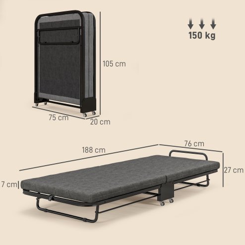 HOMCOM Folding Bed with Mattress, Foldable Guest Bed on Wheels, Portable Single Bed with 7cm Mattress, 188 x 76cm, Grey