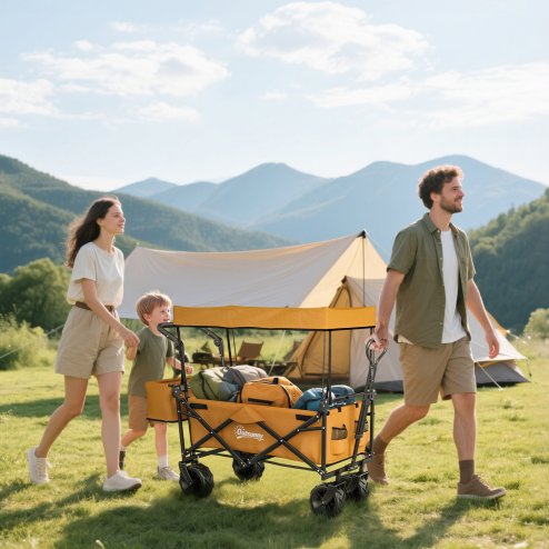 Outsunny 120L Festival Trolley on Wheels, Folding Camping Trolley Cart with Removable Canopy, All-Terrain Wheels, Adjustable Handle and Side Pockets for Garden Beach Fishing Shopping, Orange