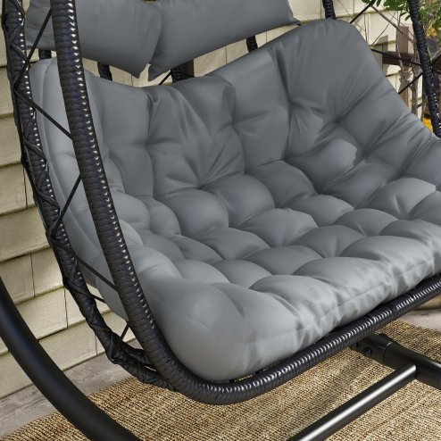 Outsunny Outdoor PE Rattan 2 Seaters Swing Chair with Thick Padded Cushion, Patio Hanging Egg Chair with Metal Stand, Headrest, for Indoor and Outdoor, Black