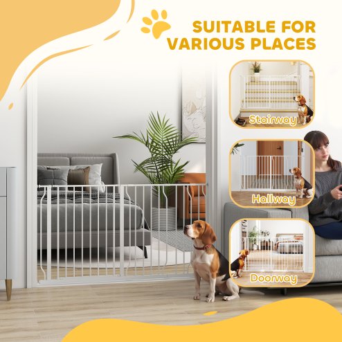 PawHut Dog Gate Wide Stair Gate w/ Door Pressure Fit Pets Barrier for Doorway, Hallway, 76H x 75-145W cm - White