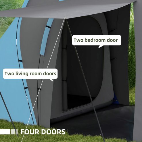 Outsunny 4-6 Man Tunnel Tent with 2 Bedroom and Living Area, Large Camping Tent, 2000mm Waterproof, Portable with Bag, for Fishing Hiking Festival, Grey and Blue
