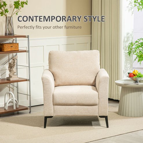 HOMCOM Modern Armchair, Upholstered Linen Fabric Accent Chair with Metal Legs, Wood Frame and Thick Padded Cushion for Living Room Bedroom Office, Beige