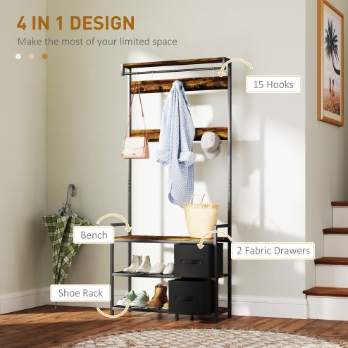 HOMCOM Coat Rack with Bench and Shoe Storage, 4-in-1 Coat Stand with 15 Coat Hooks, 2 Fabric Drawers for Hallway, Living Room, Bedroom, Rustic Brown