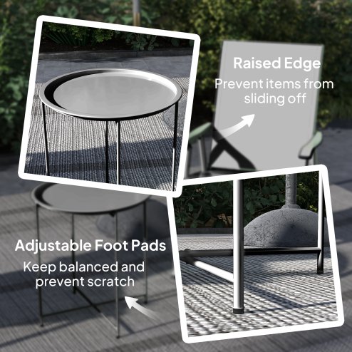 Outsunny 46cm Round Small Garden Table with Removable Tray and Folding Legs, Metal Garden Side Table, Indoor Outdoor Coffee Table End Table for Patio, Balcony, Porch, Black