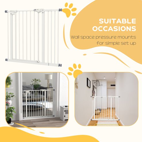 PawHut Dog Gate Stair Gate Pressure Fit Pets Barrier Auto Close for Doorway Hallway, 74-94cm Wide Adjustable, White