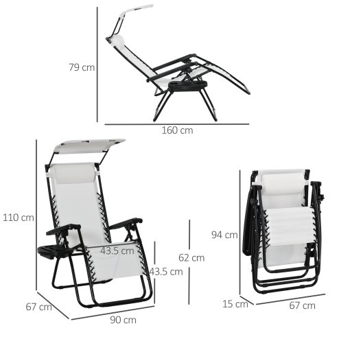 Outsunny Foldable Reclining Garden Chair with Headrest, Zero Gravity Deck Sun Lounger Seat Chair with Footrest, Armrest, Cup Holder & Canopy Shade, White
