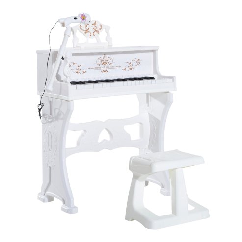 HOMCOM 37 Keys Kids Piano Mini Electronic Keyboard Light Kids Musical Instrument Educational Game Children Grand Piano Toy Set w/Stool & Microphone & Music Stand (White) Image