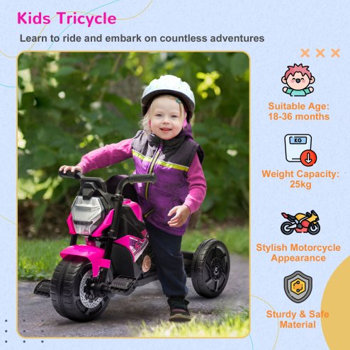 AIYAPLAY 3 in 1 Baby Trike, Tricycle, Balance Bike, Sliding Car, for ages 18-36 Months, 3-Wheel Motorcycle Design Ride On, Tricycle for Boys and Girls, with Headlights, Music, Horn - Pink